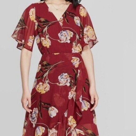 A New Day Maxi Dress Faux Wrap  Burgundy Floral Elastic Waist Sz XL Prairie Boho - Picture 1 of 12